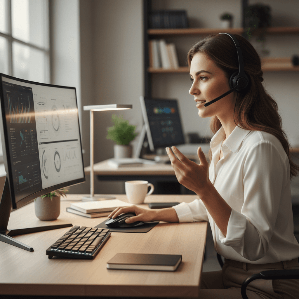 Professional using VoIP phone system at desk