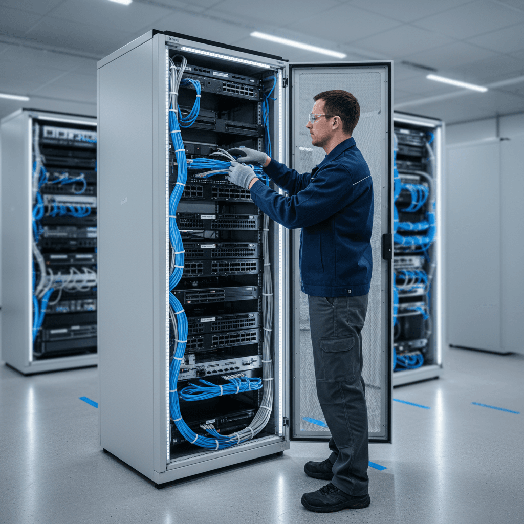 Technician installing telecommunications infrastructure